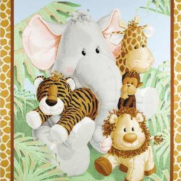 New Large JUNGLE BABY ANIMALS on 100% Cotton Panel for quilts, crafts, wall hanging , Nursery