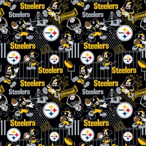 May include: Black and yellow fabric with a repeating pattern of Mickey Mouse wearing a Pittsburgh Steelers jersey and holding a football. The pattern also includes the Steelers logo, a football helmet, and the words "Steelers" and "Steel Curtain".