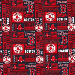 May include: Red, white, and blue fabric with a repeating pattern of the Boston Red Sox logo. The logo features a red circle with a baseball player running, the words "Boston Red Sox", and the year "1901". The fabric also features the letter "B" in a white outline with a red fill, and the words "Boston Red Sox" in a white outline with a red fill.