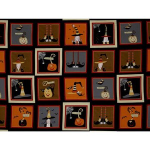 May include: Halloween-themed fabric with a repeating pattern of square panels. Each panel features a different Halloween icon, including witch hats, pumpkins, and witch legs. The color palette includes black, orange, brown, and gray.