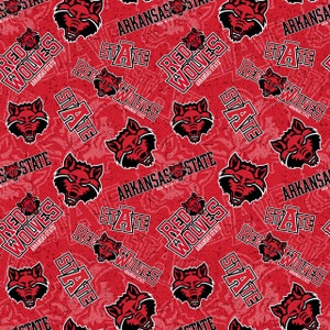 NCAA ARKANSAS STATE Red Wolves Watermark Print Football 100% cotton fabric material, you choose length, licensed for Quilts, Crafts