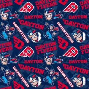 May include: A blue and red repeating pattern featuring the Dayton Flyers logo, a cartoon mascot, and the words "Dayton Flyers" and "Dayton".