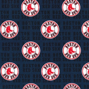 May include: A navy blue fabric with a repeating pattern of red and white Boston Red Sox logos. The logos feature a baseball bat and two red baseball shoes. The text "Boston Red Sox" is repeated throughout the fabric.