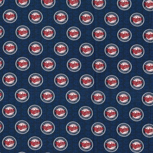 May include: A repeating pattern of red, white, and blue Minnesota Twins baseball team logos on a dark blue background.