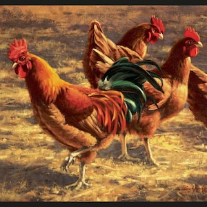 New Large Colorful CHICKENS & ROOSTERS in Yard on 100% Cotton Panel for quilts, crafts, wall hanging Style #1
