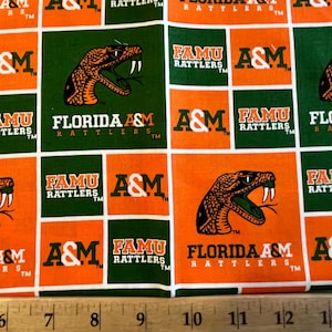 May include: A close-up of a fabric with a repeating pattern of orange and green squares. Each square features a different logo, including "FAMU Rattlers", "Florida A&M Rattlers", and "A&M". The logos are accompanied by images of a snake with fangs.