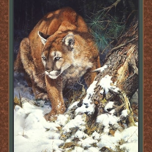 New Large MOUNTAIN LION COUGAR Puma Winter Lookout on 100% Cotton Panel for quilts, crafts, wall hanging #2