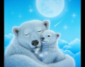 New Large POLAR BEAR and Cub Under the Moon Polar LOVIN on this 100% Cotton Panel for quilts, crafts, wall hanging Style #2