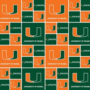 May include: A repeating pattern of the University of Miami logo. The logo is a green "U" with an orange outline. The background is a repeating pattern of orange and green squares.