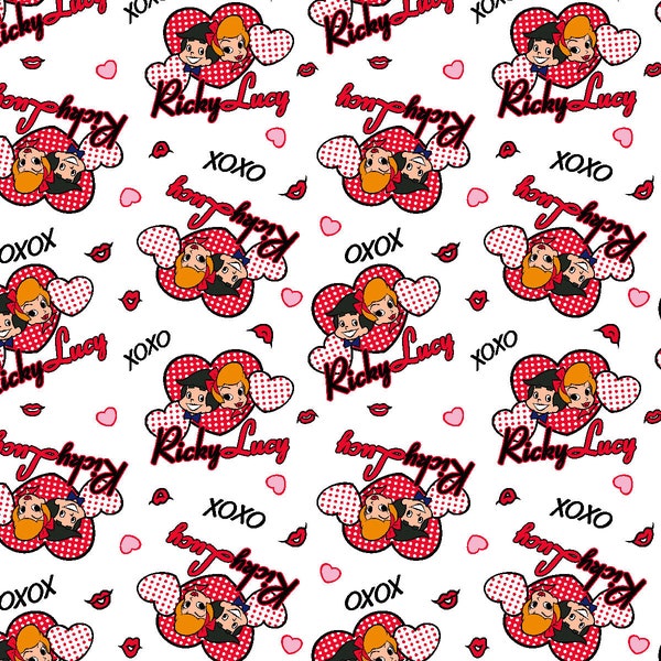 I LOVE LUCY and RICKY Allover White Cartoon Hearts Print 100% cotton fabric material for Crafts, Quilts, clothing and Home Decor Licensed