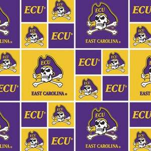 May include: A repeating pattern featuring the East Carolina University (ECU) logo. The design alternates between purple and gold squares. Each square displays the ECU logo, a skull and crossbones wearing a pirate hat, and the words "ECU" or "EAST CAROLINA."
