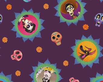 May include: A repeating pattern featuring characters and imagery from the animated film "Coco." The design includes stylized skulls, characters in circular frames, and orange flower accents on a deep purple background. The characters are surrounded by blue and green floral shapes.