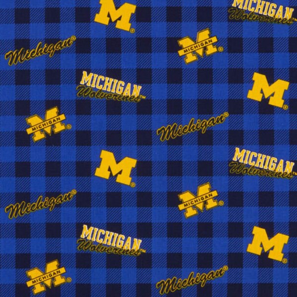 NCAA UNIVERSITY of MICHIGAN WOLVERINEs Mini Plaid 100% cotton fabric material You choose length, licensed for Crafts and Home Decor