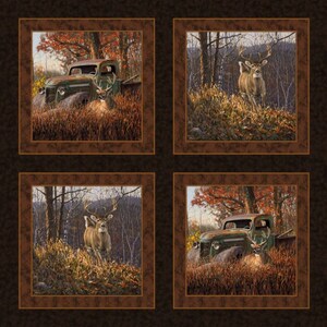 New WILD WINGS Bucks and Trucks White tail DEER 100% Cotton Pillow Panels - 4 Panels including border trim