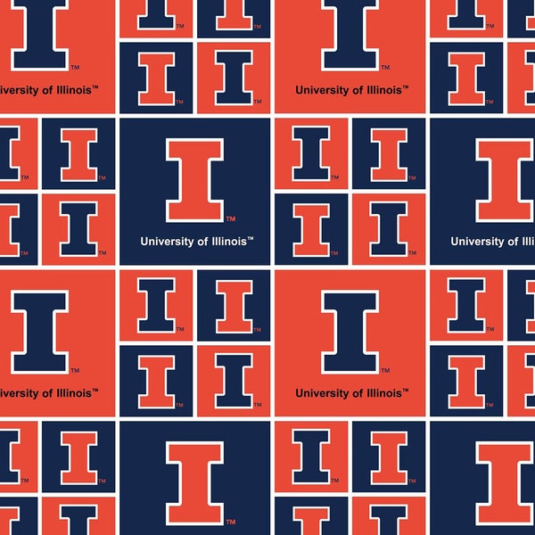 NCAA ILLINOIS ILLINI Patchwork 100% cotton fabric material  licensed for Crafts and Home Decor