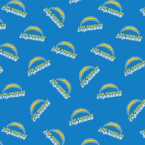 May include: A seamless pattern featuring the Los Angeles Chargers logo repeated on a bright blue background. The logo is a white lightning bolt inside a yellow circle with the words "Los Angeles Chargers" in white text.