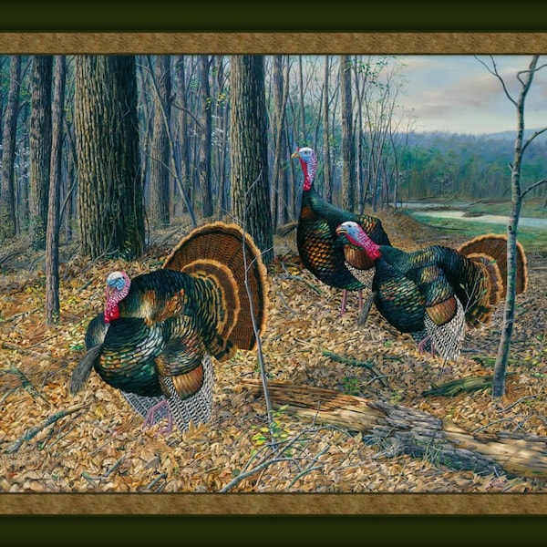 New Large Wild Birds Riding the COATTAILS WILD TURKEYs on this 100% Cotton Panel for quilts, crafts, wall hanging Style #1