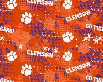 NCAA CLEMSON TIGERS Splatter Print Football 100% cotton fabric material you choose length licensed Quilts