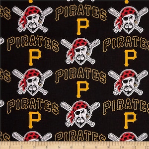 May include: Black fabric with a repeating pattern of the Pittsburgh Pirates logo. The logo features a skull with an eye patch and a red bandana, crossed baseball bats, and the words "Pirates" and "P" in yellow.