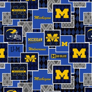 NCAA UNIVERSITY of MICHIGAN WOLVERINEs Argyle Boxes Print Football 100% cotton fabric material you choose length licensed Quilts