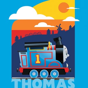 May include: A blue and red cartoon train engine with a yellow number 1 on the side. The train is on a track with the word "THOMAS" printed below. The background is a sunset scene with clouds, a windmill, and trees.