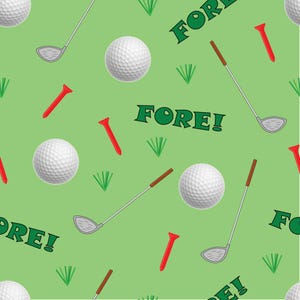 May include: A seamless pattern on a light green background featuring golf balls, golf clubs, red tees, and the word "FORE!" in green. The golf balls are white, and the clubs have brown handles and silver heads. The tees are red.