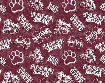 May include: A maroon fabric with a repeating pattern of white Mississippi State logos, including the bulldog mascot, the words "Hail State", and the state's "M" logo. The fabric has a distressed, vintage look.