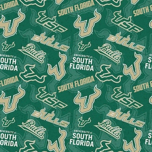 May include: A repeating pattern featuring the University of South Florida Bulls logo and text. The design includes the USF logo, the word "Bulls", and the text "South Florida" in green and gold on a textured green background.