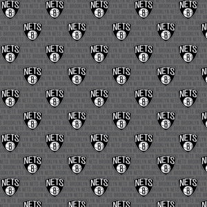 May include: A gray and white fabric with a repeating pattern of the Brooklyn Nets logo. The logo is a black shield with a white basketball and the words "Nets" and "Brooklyn" in white.