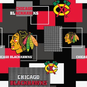 May include: Seamless pattern featuring the Chicago Blackhawks logo and team name in red and white on a black, gray, and white geometric background. Includes the team's logo and the words "CHICAGO BLACKHAWKS".
