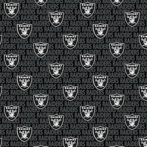 May include: Black and white repeating pattern featuring the Raiders logo and text. The logo is a shield with a helmeted face and crossed swords. The text reads "RAIDERS" in a repeating pattern.