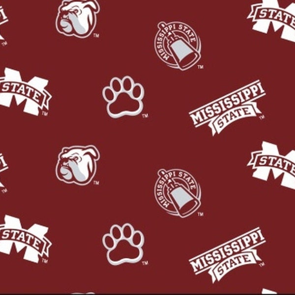 NCAA MISSISSIPPI STATE BULLDOGs Allover Print 100% coton matériau de football universitaire sous licence pour l’artisanat et la décoration intérieure