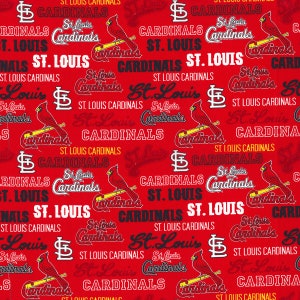 May include: Red fabric featuring a repeating pattern of the St. Louis Cardinals logo, the team name, and a cardinal bird illustration. The design includes the team's logo, the words "St. Louis" and "Cardinals" in white and black.