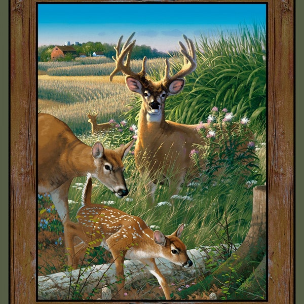 New Large WHITE-TAILED DEER on 100% Cotton Panel for quilts, crafts, wall hanging style #10 Feast in the Valley