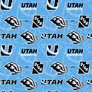 May include: Light blue fabric with a repeating pattern of the Utah Mammoth logo and text. The logo features a stylized mammoth head in black and white, and the text reads "UTAH MAMMOTH".