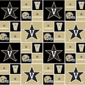 May include: A repeating pattern featuring the Vanderbilt University logo. The design includes the letter "V" inside a star, a football helmet, and the word "Vanderbilt" and "Commodores" in black, gold, and white.