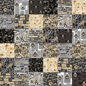May include: A patchwork design featuring Purdue University logos, text, and graphics in black, gold, and white. The design includes paisley, floral, and dot patterns, with the Purdue "P" logo prominently displayed.