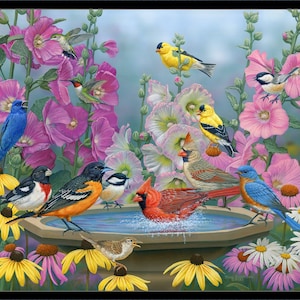 May include: A colorful painting of a bird bath surrounded by pink and white flowers.  A cardinal bird is splashing in the water, while other birds perch on the rim of the bath and on the flowers.