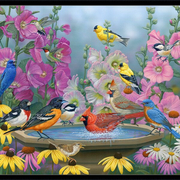 New Large Wild Birds in BIRDBATH WITH FLOWERS on 100% Cotton Panel for quilts, crafts, wall hanging Robin, Cardinal, Orioles, Chickadee