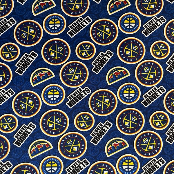 NBA DENVER NUGGETS Tossed Logo Print 100% cotton fabric material you choose the size, licensed for Crafts, Quilts, Home Decor