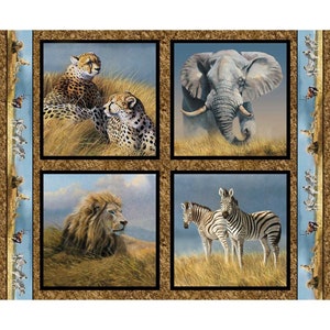 New AFRICAN Animals KENYA PLAINS Digital 100% Cotton Pillow Panels - 4 Panels including border trim ribbon Elephant, Giraffe, Lion, Cheetahs
