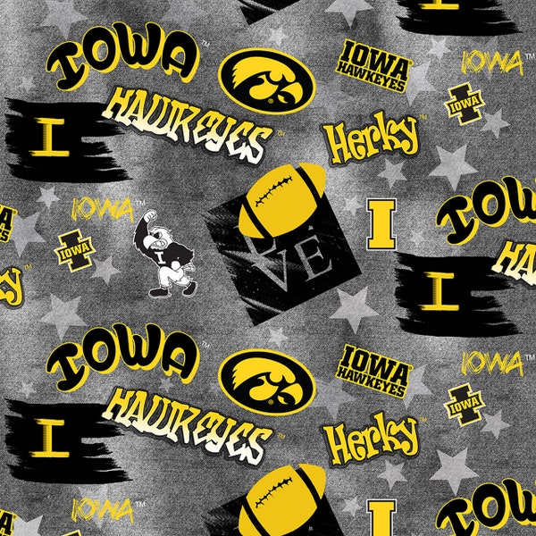 NCAA IOWA HAWKEYES Sprayed Print Football 100% cotton fabric material, you choose length, licensed for Quilts, Crafts