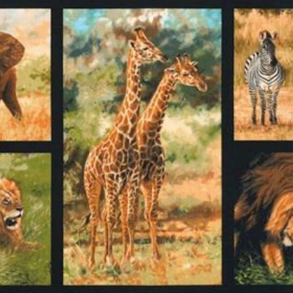 New Wildlife NORTHERN AMERICAN with Elephant, Tiger, Zebra, Lion, and Giraffe on 100% Cotton Panels for quilt, craft, wall hanging style #13