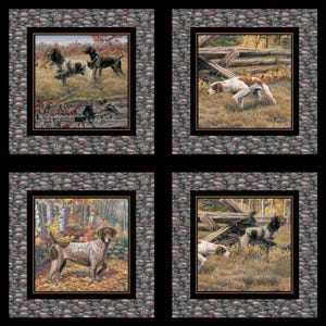 May include: A four-panel artwork featuring hunting dogs in outdoor settings. Each panel depicts a different scene with dogs in fields and forests, framed by a stone-like border. The artwork showcases dogs in various poses, with a rustic aesthetic.