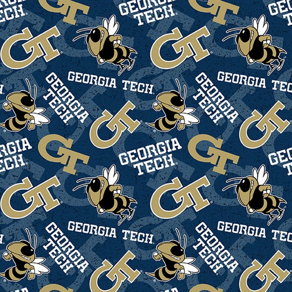 NCAA GEORGIA TECH Yellow Jackets Watermark Print Football 100% cotton fabric material you choose length licensed Quilts