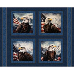 May include: A patriotic fabric panel featuring four square images of bald eagles with the American flag and mountain scenery in the background. The eagles have white heads, yellow beaks, and brown feathers. The panel has a blue border.
