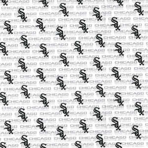 May include: A white background with a repeating pattern of black Chicago White Sox logos. The logo features a stylized 'S' with a crossed bat and ball.