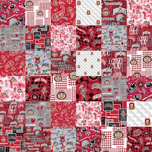 May include: A collage of fabric squares featuring the Ohio State Buckeyes logo in various colors and patterns. The logo includes the words "Ohio State" and "Buckeyes" in a red and gray color scheme. The fabric squares are arranged in a grid pattern.