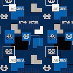 NCAA UTAH STATE AGGIEs Block Print 100% cotton college football fabric material licensed for Crafts, Quilts, and Home Decor