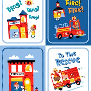 New EMERGENCY FIRE Trucks To the RESCUE 100% Cotton Pillow Panels - 4 Panels including border trim ribbon